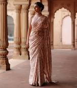 Pink  dupion silk printed saree Without Blouse