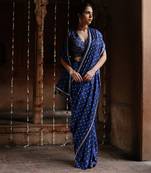 Blue dupion silk printed pre-stitched saree Without Blouse