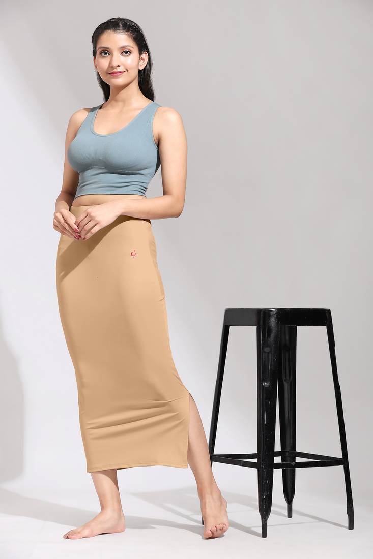 Light Peach Solid Nylon Soft Petticoat Skirt Saree Shape Wear for Women