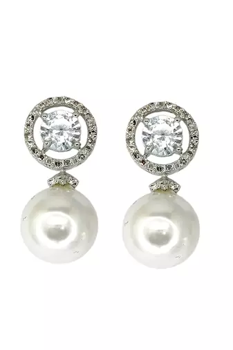 Moonstone and pearl drop earrings with diamond halo