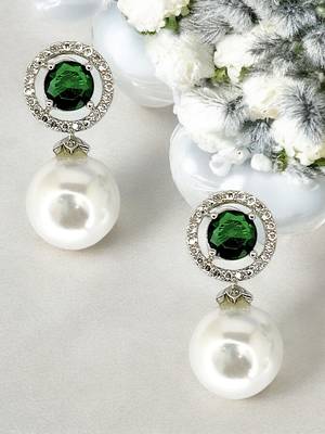 Green emerald and pearl drop earrings with diamond halo 1