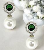 Green emerald and pearl drop earrings with diamond halo