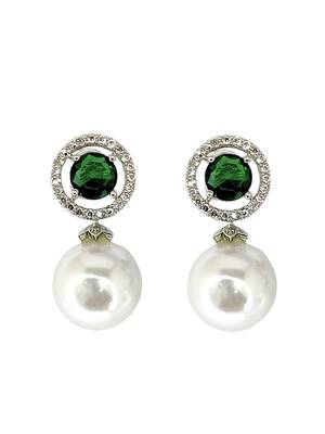 Green emerald and pearl drop earrings with diamond halo 2