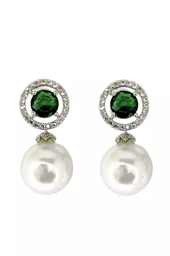 Green emerald and pearl drop earrings with diamond halo