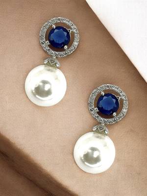 Blue sapphire and pearl drop earrings with diamond halo 1
