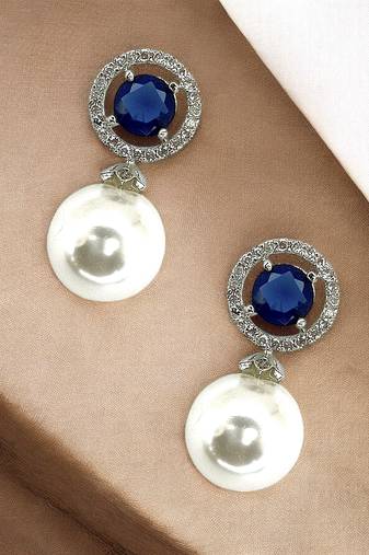 Blue sapphire and pearl drop earrings with diamond halo