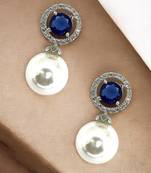 Blue sapphire and pearl drop earrings with diamond halo