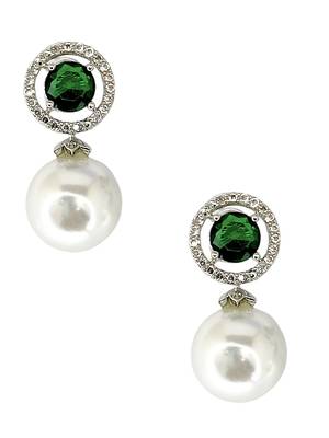 Green emerald and pearl drop earrings with diamond halo 3