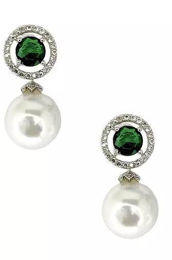 Green emerald and pearl drop earrings with diamond halo