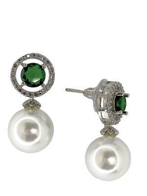 Green emerald and pearl drop earrings with diamond halo 4