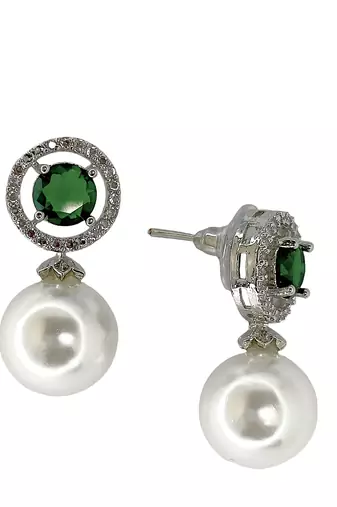 Green emerald and pearl drop earrings with diamond halo