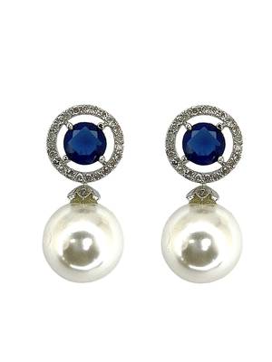 Blue sapphire and pearl drop earrings with diamond halo 2