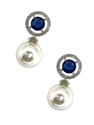 Blue sapphire and pearl drop earrings with diamond halo 3