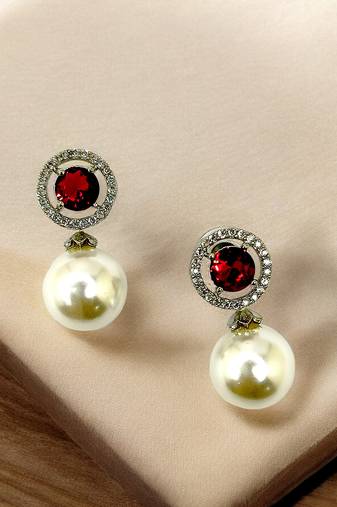 Red ruby and pearl drop earrings with diamond halo