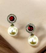 Red ruby and pearl drop earrings with diamond halo