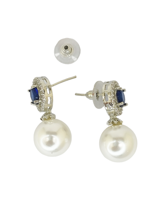 Blue sapphire and pearl drop earrings with diamond halo 4