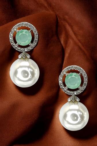 Aquamarine and pearl drop earrings with diamond halo