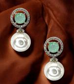 Aquamarine and pearl drop earrings with diamond halo