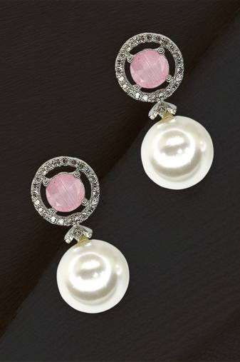 Baby pink quartz and pearl drop earrings with diamond halo
