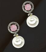 Baby pink quartz and pearl drop earrings with diamond halo
