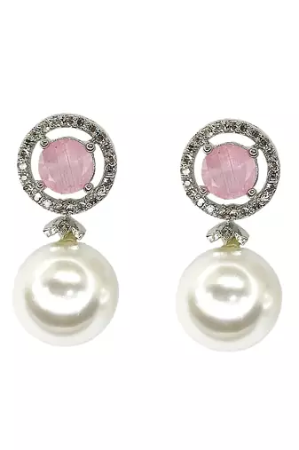 Baby pink quartz and pearl drop earrings with diamond halo