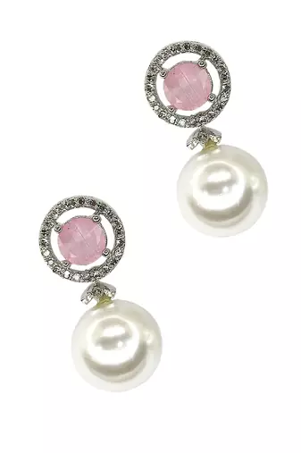 Baby pink quartz and pearl drop earrings with diamond halo