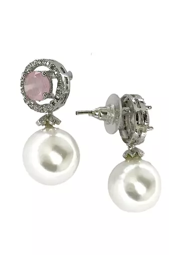 Baby pink quartz and pearl drop earrings with diamond halo