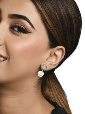 Baby pink quartz and pearl drop earrings with diamond halo 5