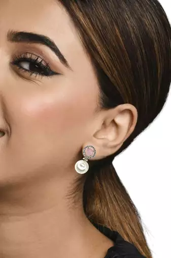 Baby pink quartz and pearl drop earrings with diamond halo