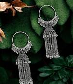 Silver oxidized drop hoop earrings