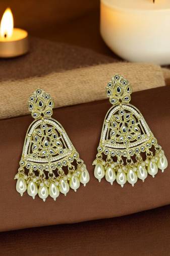 Gold-plated kundan beaded drop earrings