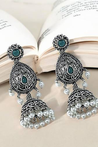 Silver oxidized drop jhumka earrings