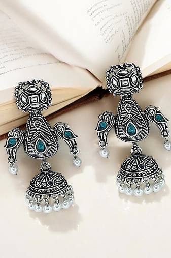 Silver oxidized geometric jhumka drop earrings