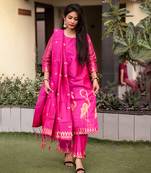 Vredevogel women's cotton silk jacquard kurta pant set with banarasi silk dupatta