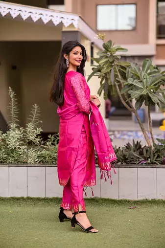 Vredevogel women's cotton silk jacquard kurta pant set with banarasi silk dupatta
