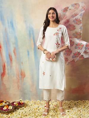 Vredevogel women's cotton blend kurta pant set with chanderi silk dupatta 1