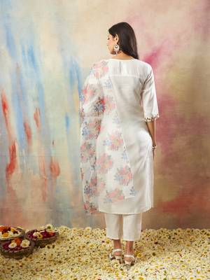 Vredevogel women's cotton blend kurta pant set with chanderi silk dupatta 2