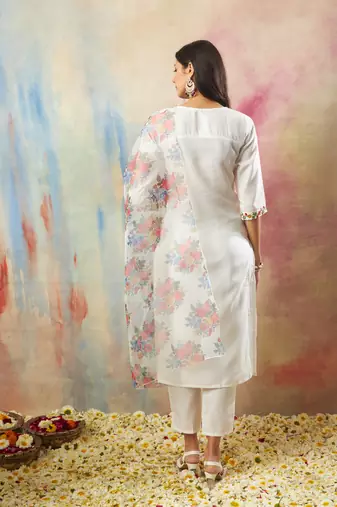 Vredevogel women's cotton blend kurta pant set with chanderi silk dupatta