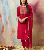 Vredevogel women's silk blend embroidered kurta with pant & nazneen dupatta set