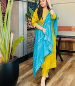 Vredevogel women's cotton silk blend embroidered kurta with pant & viscose print dupatta set