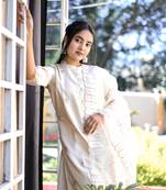 Vredevogel women's silk blend embroidered kurta with pant & dupatta set