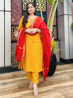 Vredevogel women's cotton blend kurta pant set with chanderi silk dupatta 1