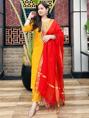 Vredevogel women's cotton blend kurta pant set with chanderi silk dupatta 2