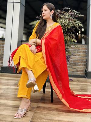 Vredevogel women's cotton blend kurta pant set with chanderi silk dupatta 3