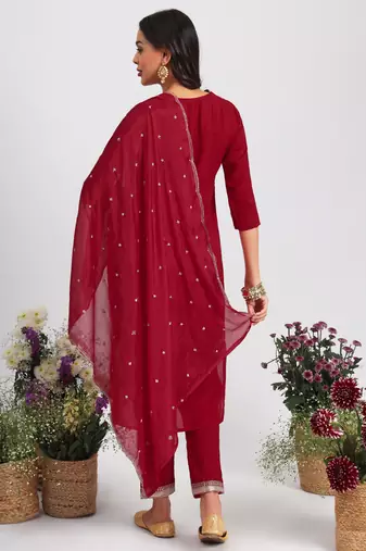 Vredevogel women's silk blend kurta pant set with chinon work dupatta
