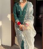 Vredevogel women's silk blend kurta pant set with organza heavy embroidery dupatta