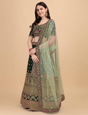 Green Sequins Thread Codding And Zari Embroidered Diamond Satin Silk Lehenga Choli For Bride 6