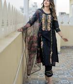 Vredevogel women's viscose rayon embroidered kurta with pant & organza dupatta set