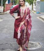 Vredevogel women's viscose roman silk blend embroidered kurta with pant & dupatta set