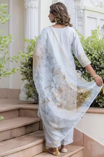 Vredevogel kurta set with dupatta | viscose roman silk embroidered kurta set for women | women's ethnic set